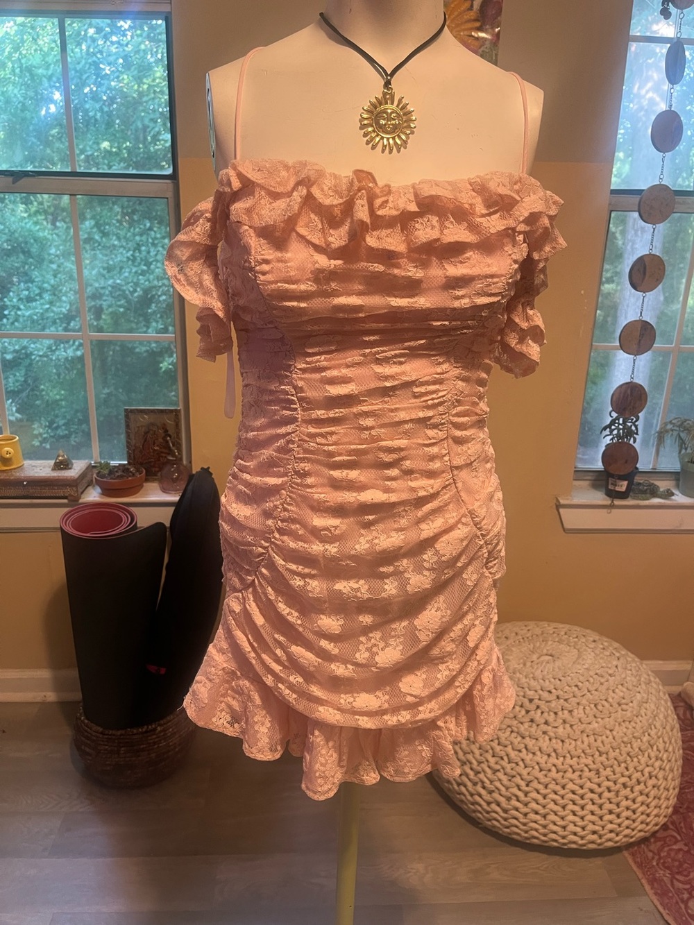 Hello Molly Women's Pink Ruffle Lace Dollycore Off-Shoulder Dress